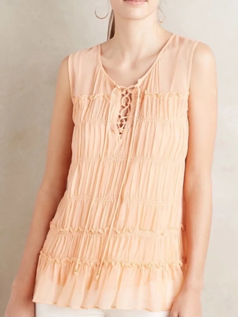 Anthropologie Floreat Peach Lace-Up Lightweight Boho Rayon Ruffle Swing Tank